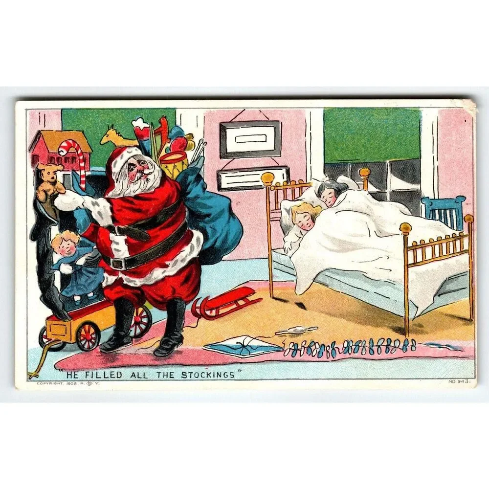 Santa Claus Christmas Postcard He Filled All The Stockings Kids Sleeping 1908